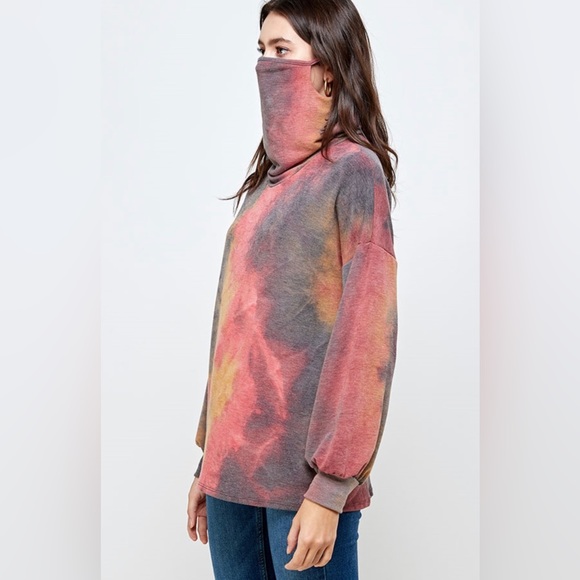 563 ❤️ PLUS SIZE TIE DYE PULLOVER WITH FACE COVERING OPTION- RED MUSTARD - Picture 4 of 4